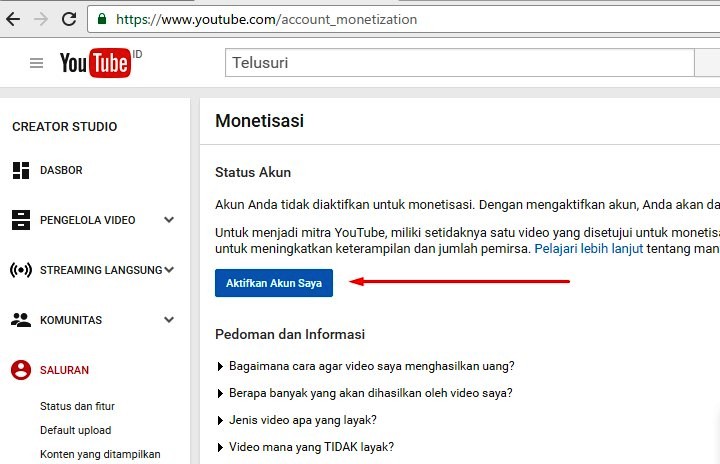 Gambar 2 : daftar google adsense melalui youtube